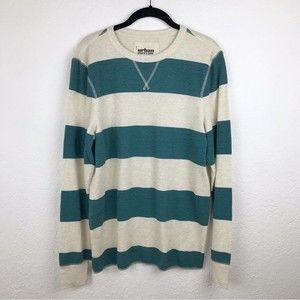 Urban Pipeline Waffle Knit Thermal Henley Long Sleeve Shirt Blue Oatmeal Striped